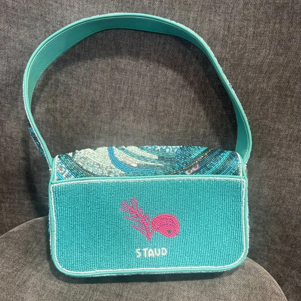STAUD Beaded Tidal Wave Tommy Shoulder Bag Blue SAMPLE New